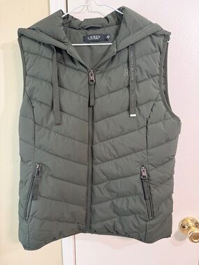 Lauren Ralph Lauren Womens Hooded Stretch Puffer Vest Medium Loden Green Zip